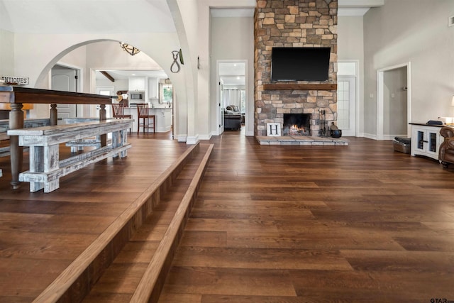 living room featuring dark hardwood / wood-style flooring and a stone fireplace