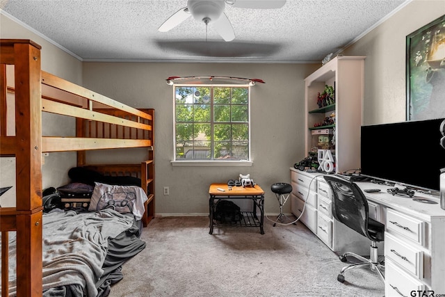 1304 Azalea Dr, Sulphur Springs, TX 75482 - bedroom with a desk, a textured ceiling, crown molding, light carpet, and a ceiling fan