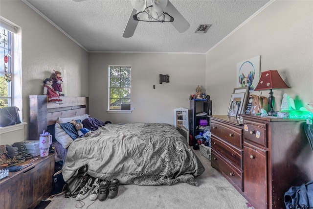 1304 Azalea Dr, Sulphur Springs, TX 75482 - bedroom featuring a textured ceiling, carpet floors, crown molding, and ceiling fan