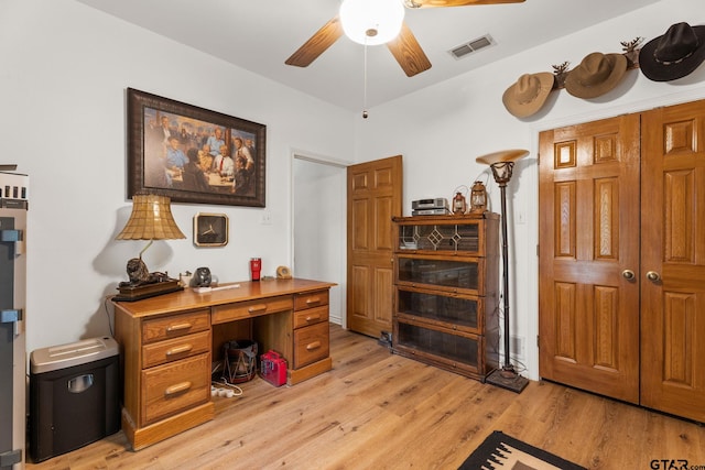 19132 Falls Creek Dr, Flint, TX 75762 - office area featuring light wood-style floors, visible vents, and a ceiling fan
