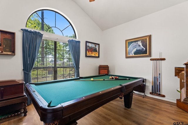 19132 Falls Creek Dr, Flint, TX 75762 - rec room with baseboards, wood finished floors, high vaulted ceiling, and billiards