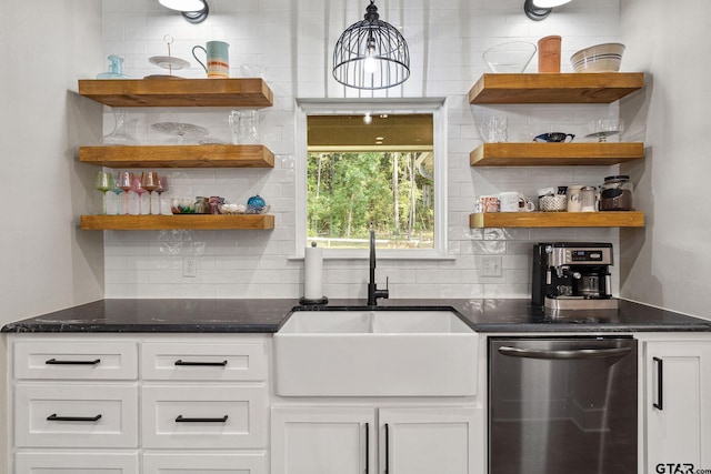 bar featuring white cabinets, sink, backsplash, and dishwasher