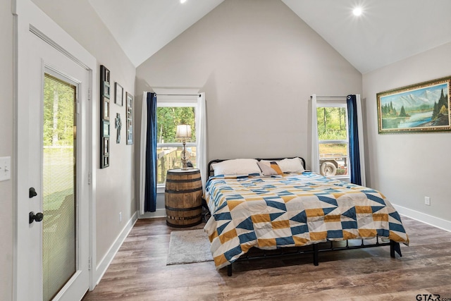 bedroom featuring dark hardwood / wood-style floors, multiple windows, and high vaulted ceiling