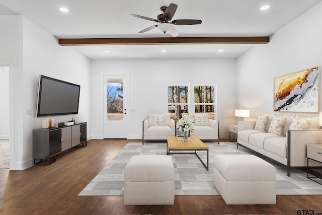 living room with beamed ceiling, ceiling fan, and wood-type flooring