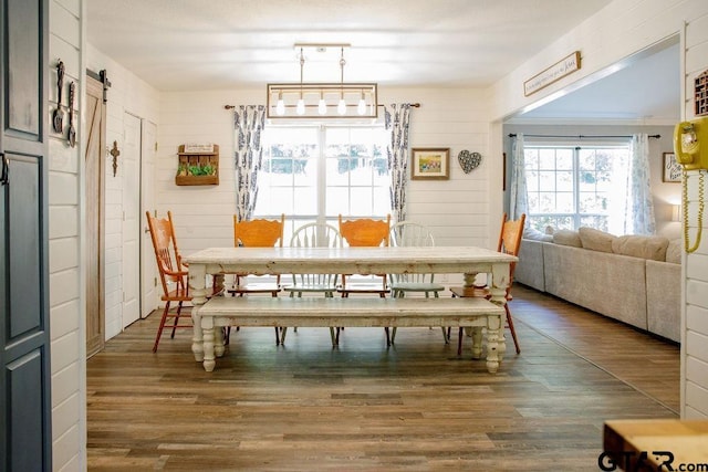 dining space with a barn door and wood finished floors