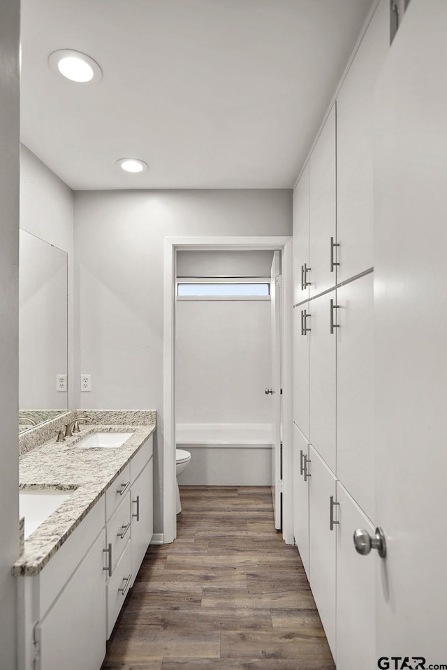 full bathroom featuring double vanity, toilet, wood finished floors, and a sink