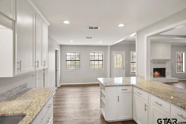 kitchen featuring white cabinetry, light stone counters, visible vents, and dark wood-style flooring