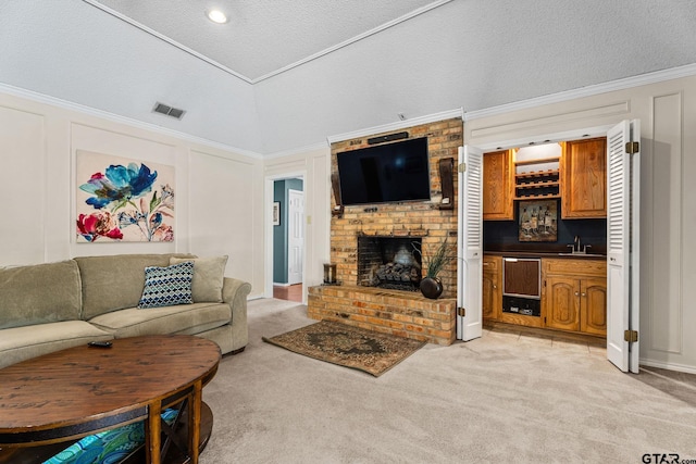 living room with indoor bar, visible vents, a fireplace, light carpet, and lofted ceiling