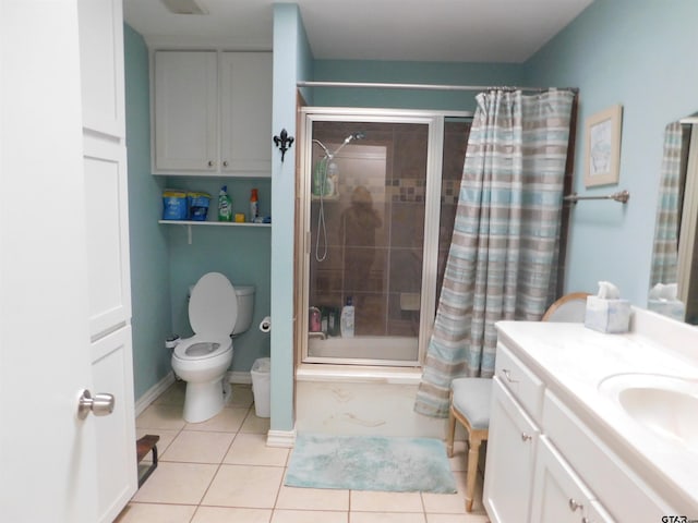 full bath with tile patterned flooring, shower / bath combination with curtain, toilet, and vanity