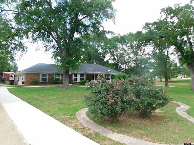 ranch-style home featuring a front lawn and brick siding