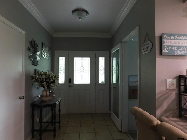 entryway featuring light tile patterned floors and ornamental molding