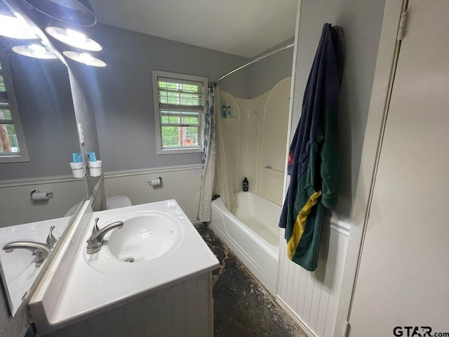 bathroom featuring vanity and shower / bath combo with shower curtain