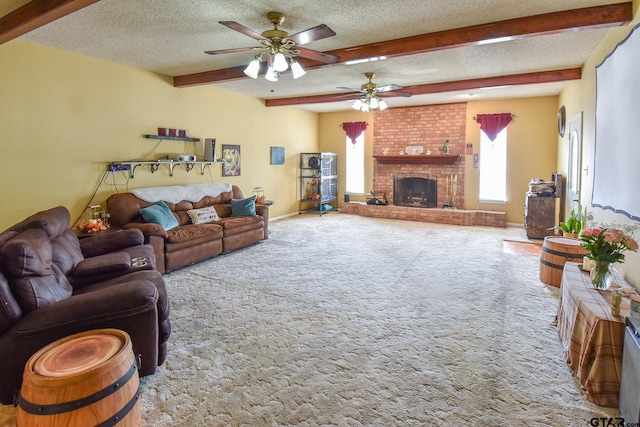 living room featuring carpet flooring, a textured ceiling, and beam ceiling