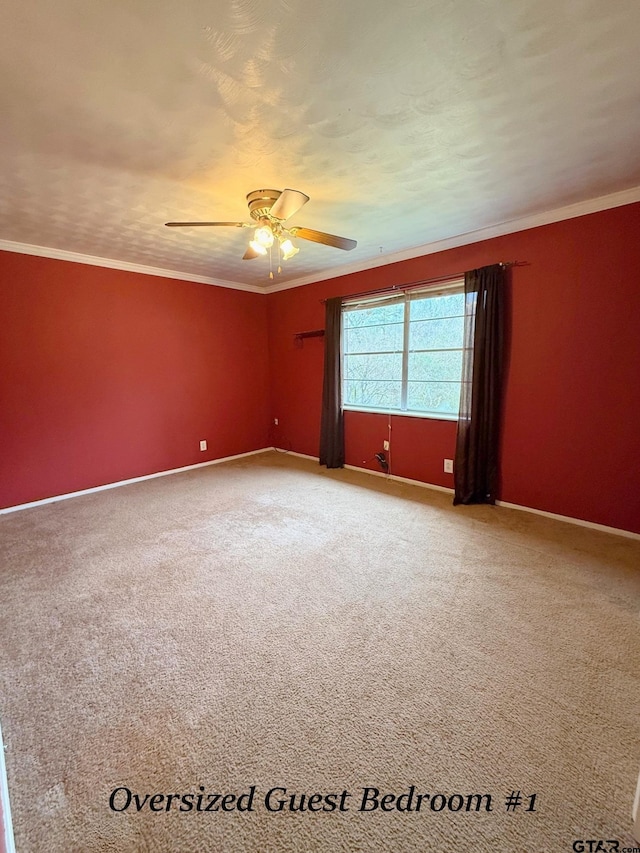 unfurnished room with a ceiling fan, carpet flooring, crown molding, and baseboards