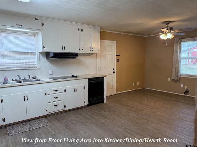 kitchen with white cabinets, under cabinet range hood, light countertops, black appliances, and a sink