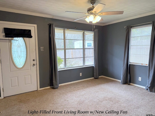 entryway featuring ornamental molding, light carpet, and plenty of natural light