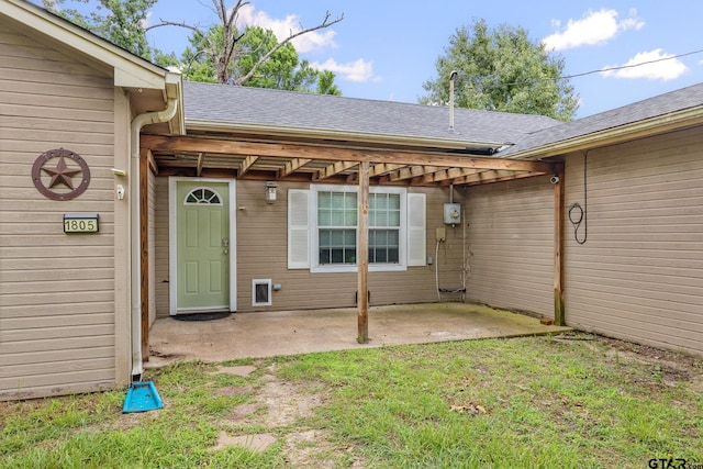 1805 San Saba Dr, Bullard, TX 75757 - view of exterior entry featuring a patio area, a yard, and roof with shingles