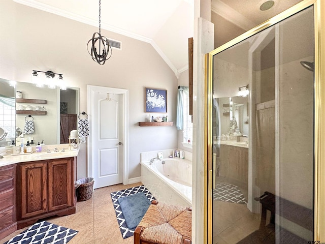 599 N Weldon St, Frankston, TX 75763 - full bathroom featuring a shower stall, a jetted tub, vanity, lofted ceiling, and crown molding