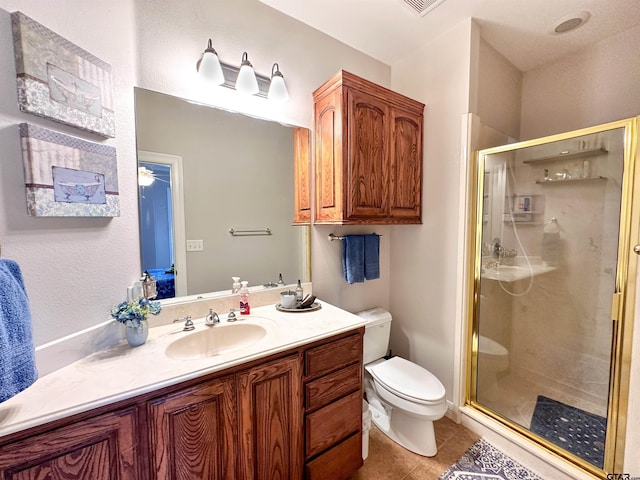 599 N Weldon St, Frankston, TX 75763 - bathroom with a shower stall, tile patterned flooring, toilet, and vanity