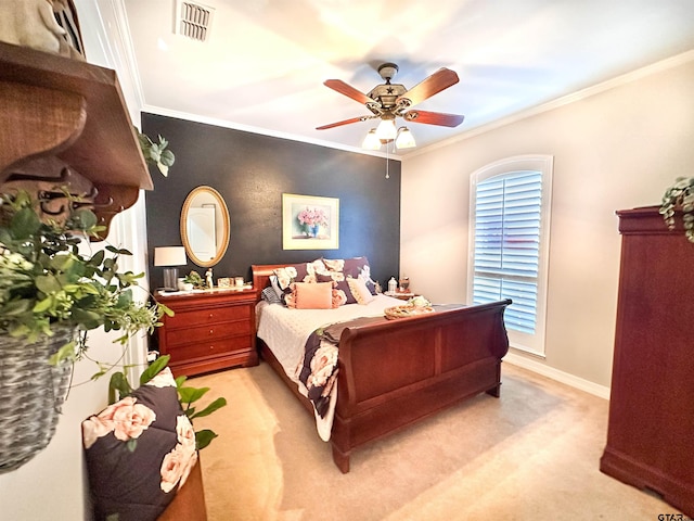 599 N Weldon St, Frankston, TX 75763 - bedroom featuring crown molding, light colored carpet, baseboards, and ceiling fan