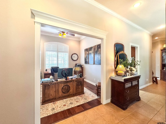 599 N Weldon St, Frankston, TX 75763 - tiled office featuring crown molding, a ceiling fan, baseboards, and recessed lighting