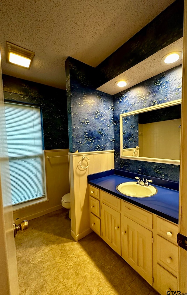 bathroom with toilet, vanity, and a textured ceiling