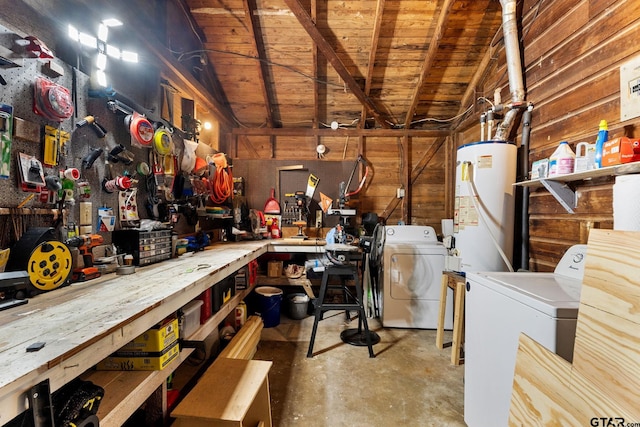 298 Butler St, Rusk, TX 75785 - basement with a workshop area, water heater, wood ceiling, and wooden walls