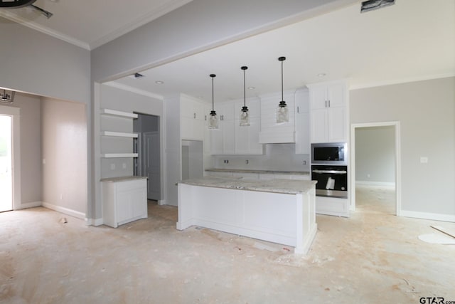 11905 Gillian Ct, Tyler, TX 75703 - kitchen featuring appliances with stainless steel finishes, a center island, ornamental molding, custom range hood, and white cabinetry