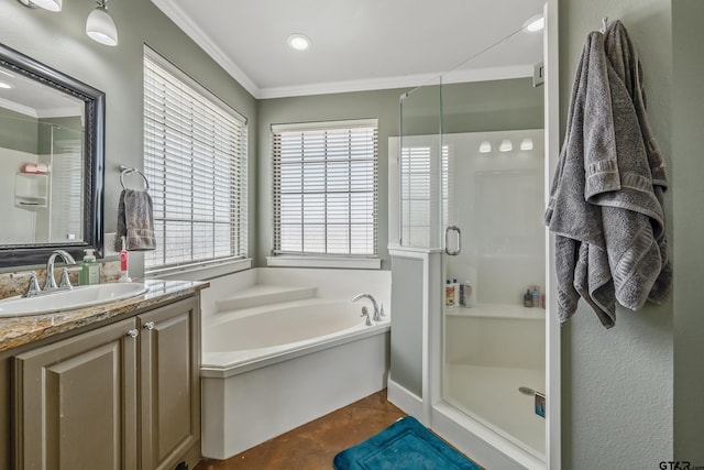 275 Babatwa Ln, Bullard, TX 75757 - full bath with ornamental molding, a stall shower, a garden tub, and vanity