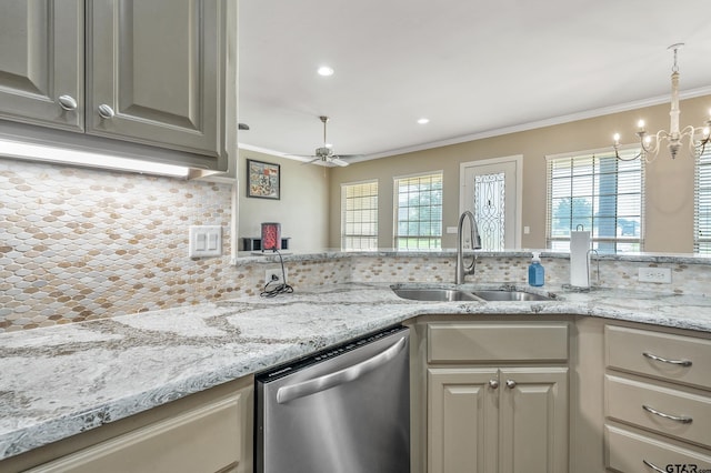 275 Babatwa Ln, Bullard, TX 75757 - kitchen featuring stainless steel dishwasher, decorative backsplash, plenty of natural light, a chandelier, and crown molding