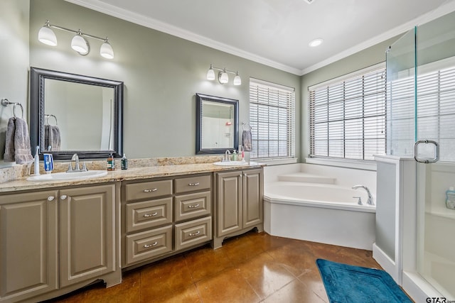 275 Babatwa Ln, Bullard, TX 75757 - full bath with double vanity, ornamental molding, a bath, a shower stall, and tile patterned floors