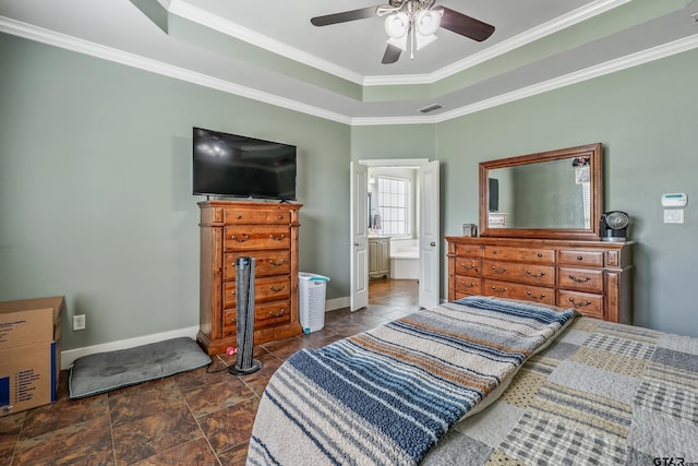 275 Babatwa Ln, Bullard, TX 75757 - bedroom featuring ornamental molding, connected bathroom, a tray ceiling, and a ceiling fan