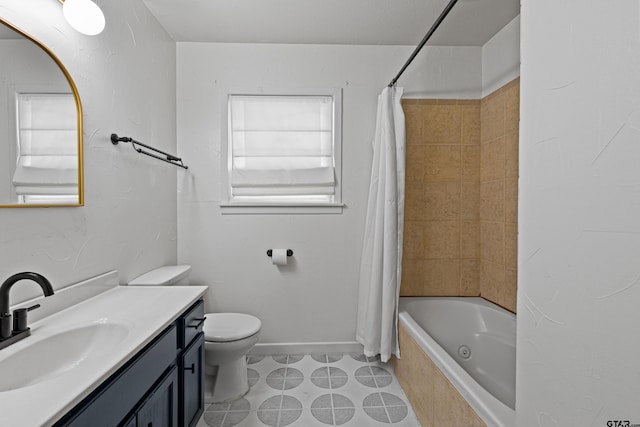 full bathroom with shower / tub combo with curtain, vanity, toilet, and tile patterned flooring