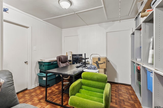 office featuring wood walls and dark parquet floors