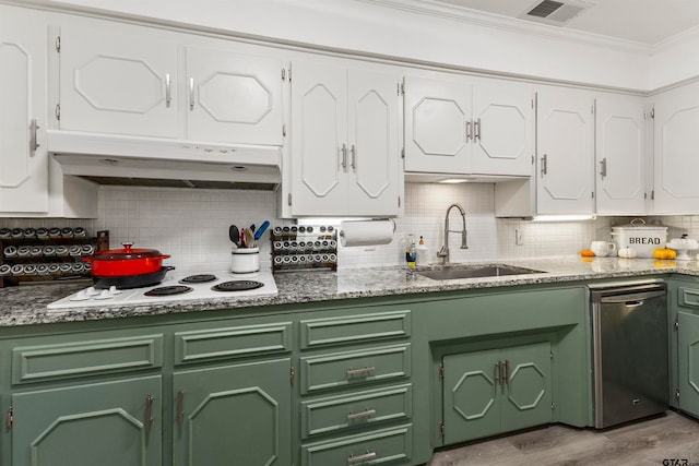 kitchen featuring white electric cooktop, white cabinets, decorative backsplash, stainless steel dishwasher, and crown molding