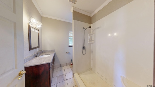 bathroom featuring tile patterned flooring, vanity, a shower, and crown molding