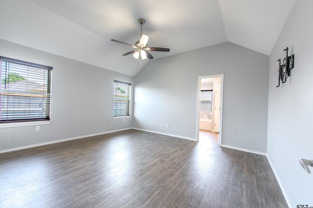 107 Oliver Wendell Ct, Mount Vernon, TX 75457 - unfurnished room featuring ceiling fan, vaulted ceiling, dark wood-style floors, and baseboards