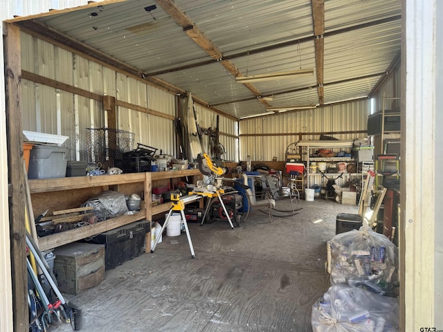 garage with a workshop area