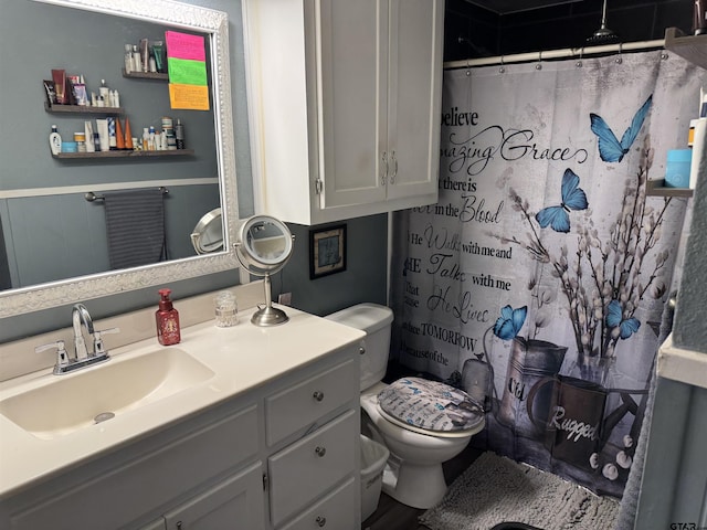 bathroom with toilet, vanity, and a shower with curtain