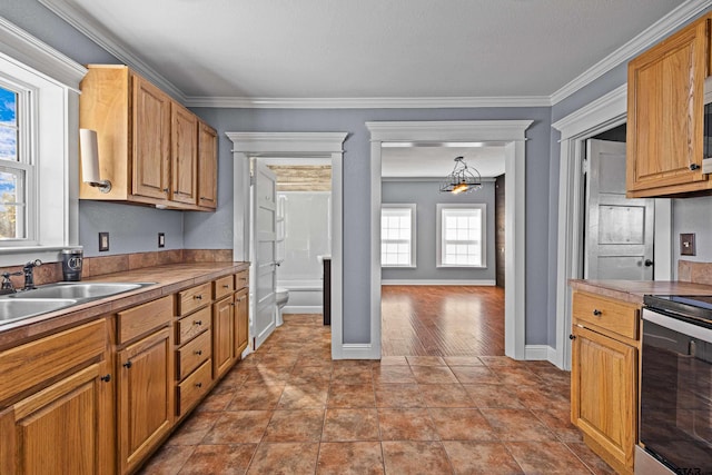 kitchen featuring stainless steel electric range, sink, crown molding, and hanging light fixtures