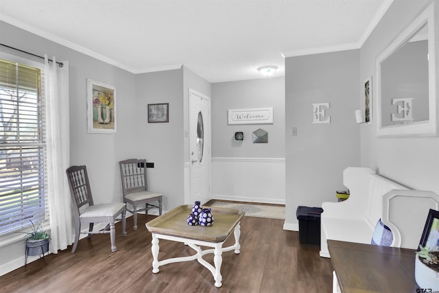 sitting room featuring crown molding and dark hardwood / wood-style floors