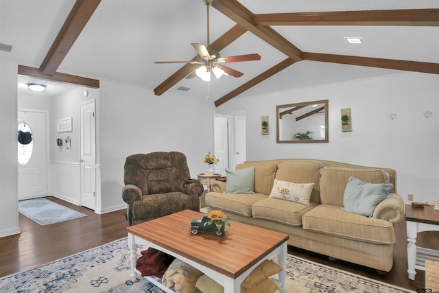 living room featuring ceiling fan, vaulted ceiling with beams, and dark hardwood / wood-style floors