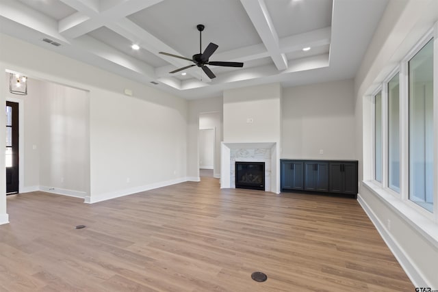 unfurnished living room featuring coffered ceiling, ceiling fan, light wood-type flooring, a fireplace, and beamed ceiling