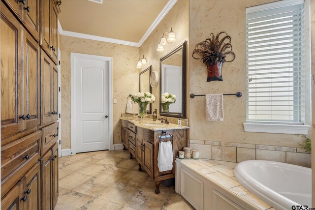 1299 Shadow Lks, Terrell, TX 75160 - full bathroom with vanity, a garden tub, and ornamental molding