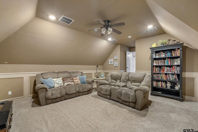 1299 Shadow Lks, Terrell, TX 75160 - cinema room with vaulted ceiling, ceiling fan, a decorative wall, carpet floors, and wainscoting