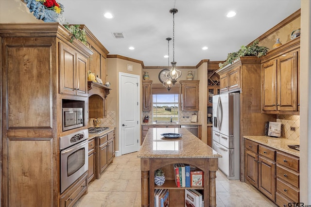 1299 Shadow Lks, Terrell, TX 75160 - kitchen featuring stainless steel appliances, open shelves, tasteful backsplash, recessed lighting, and a kitchen island