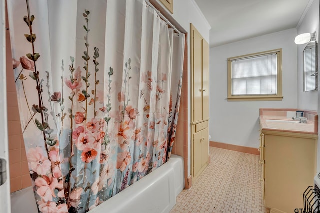 bathroom with vanity and shower / bathtub combination with curtain