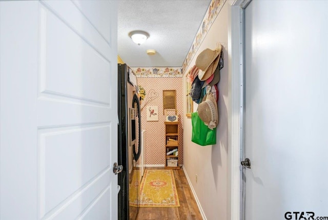 doorway featuring hardwood / wood-style flooring and a textured ceiling