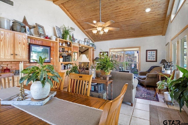 dining area featuring high vaulted ceiling, ceiling fan, and wood ceiling