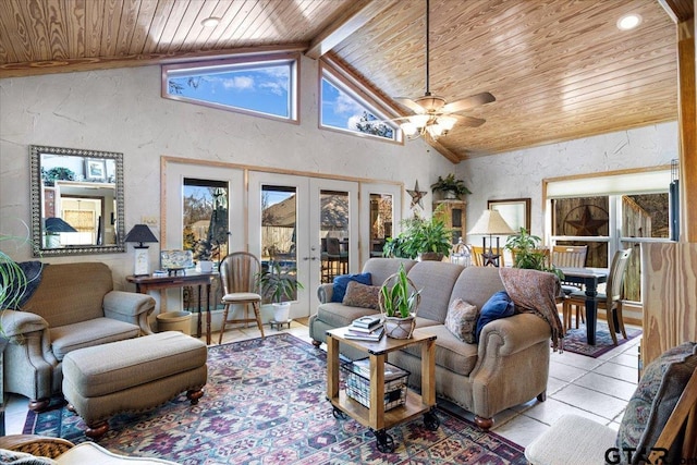 living room featuring french doors, beam ceiling, wood ceiling, ceiling fan, and high vaulted ceiling